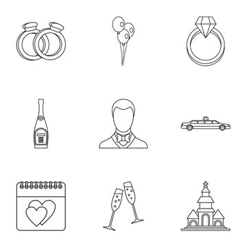 Marriage ceremony icons set, outline style