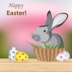 Happy Easter.Colorful,different patterned eggs and cute rabbit s
