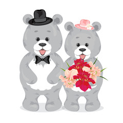 Grey bears smiling.Male in a black hat with the tie,the female i
