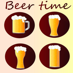 A collection of beer icons - time to drink beer. Cups, glasses and mugs with beer