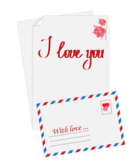 Vector simple envelope.Pink flower and text I love you painted o