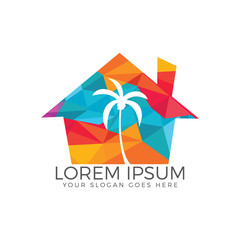 Fototapeta na wymiar Tropical beach house and palm tree logo design.