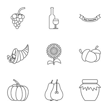 Autumn festival icons set, outline style