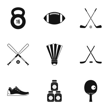 Sports accessories icons set, simple style