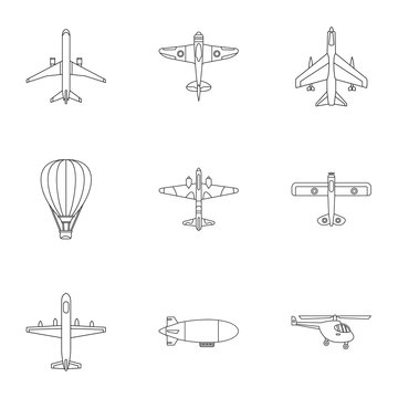 Military air transport icons set, outline style