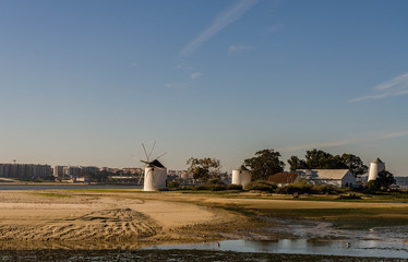 Windmills in midlle of a river with city skyline in background