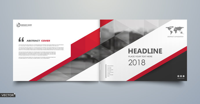Black, white business book mockup. A4 brochure cover design. Hi tech info banner. Title sheet model set. Modern vector front page art. Urban city house texture. Red line frame icon. Flyer text font.