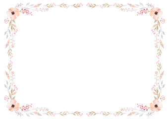 Floral frame template with soft pink flowers and leaves on white background. Vector design illustration element for decoration, print, card, invitation.