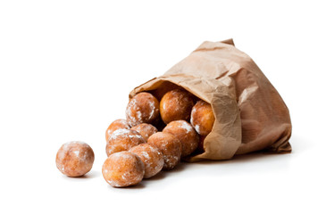 Mini  doughnuts in paper bag isolated on white