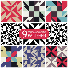 Set of seamless abstract geometric vector patterns in retro color palette. Vintage fashion style