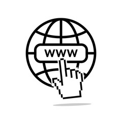 Internet icon. World net favicon with old pixelated hand mouse cursor