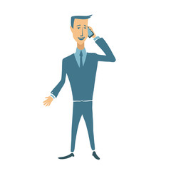 Standing smiling businessman talking on a mobile phone. Flat vector character illustration, isolated on white background.