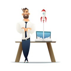 Businessman standing by the desk with a laptop, a rocket is starting from the laptop. Business startup concept. Successful launch of Internet project