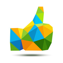 Bright geometric triangle polygonal thumb up icon using Brazil flag colors 2016, vector illustration. Brazil colors triangular thumb up hand emblem. Business and technology Brazil logo vector concept.