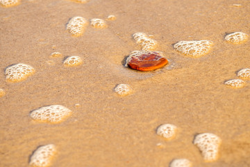 Fototapeta na wymiar sandy beach with pebble and spray of the surf