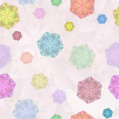 Seamless pattern with multicolored chaotic hexagons on the pale pink background. Sexangular design elements — macro azalea with kaleidoscope effect