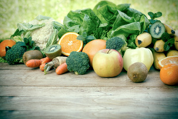 Fresh fruits and vegetables, organic fruits and vegetables on table 