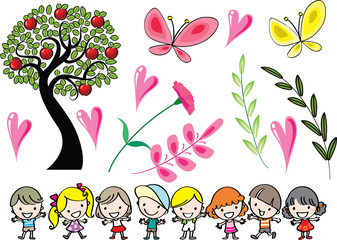 Obraz na płótnie Canvas kids and tree, flower and butterfly