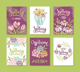 Set of spring greeting cards with lettering and flowers. Vector illustration.