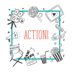 Square vector frame with hand drawn cinema doodles