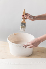 cropped image of woman holding brush and bucket of white paint
