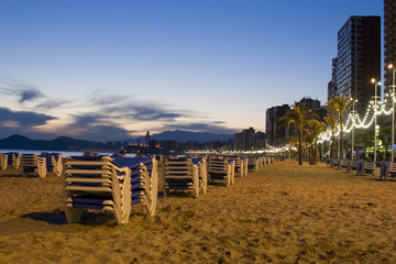 The beach in Benidorm in the late evening.