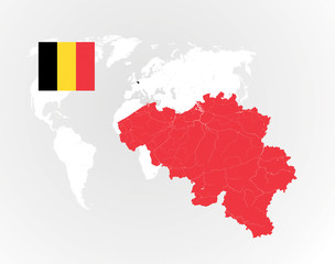 Map of Belgium with rivers and lakes and the national flags of Belgium.