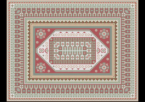 Original luxurious delicate vintage oriental rug with light green and dirty pink shades

