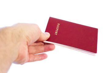 Outstretched hand with a passport. Concept - traveling, obtaining documents. Isolated on white background.