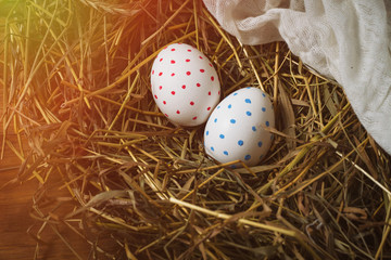 Easter Eggs in the Nest of Straw, Gauze. The concept of Easter