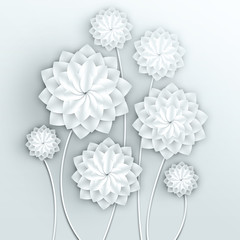 Paper flowers. Volumetric floral background. 3d Illustration for postcard, decor, invitation card