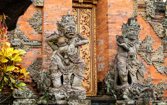 Sculptures in front of temple in Bali, Indonesia