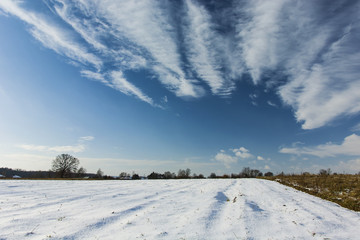 Fototapeta na wymiar Snowy field and a blue sky with clouds