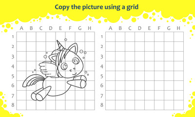 Copy the picture using a grid. Educational game for children. How to draw flying cute cartoon unicorn