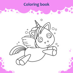 Coloring book page for children. Color the cartoon little flying unicorn.