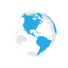 Earth globe with blue world map. Focused on Americas. Flat vector illustration.