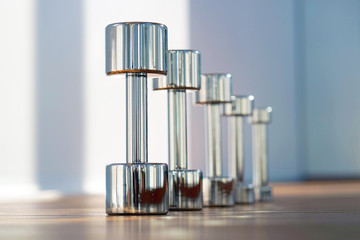 Rows of dumbbells in the gym