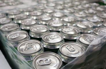 Cover alumiunum cans. Aluminum cans. Top view. Aluminum cans in the market