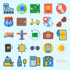 icons set about Travel. with worldwide, shop, suitcase, wine, location and wallet