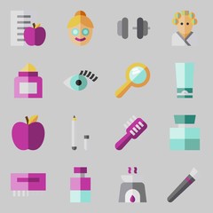 icons set about Beauty. with dumbbell, hairbrush, hair curler, sologne, cream and hand mirror