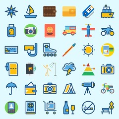 Icons about Travel with mo smoking, smartphone, sailboat, shower, wine and windrose