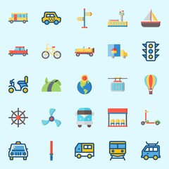 Obraz premium icons set about Transportation. with rudder, motorbike, bicycle, sail boat, bus and cable car