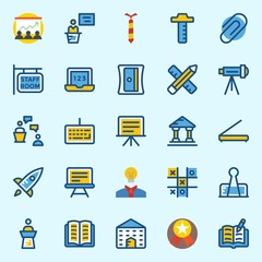 icons set about School And Education. with paperclip, startup, medal, open book, keyboard and tie