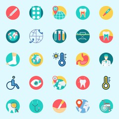 icons set about Medical. with stomach, test tubes, wheelchair, sprain, tooth and tablets