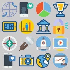 Icon set about Digital Marketing with keywords startup, smartphone, video player, missile, worldwide and profits