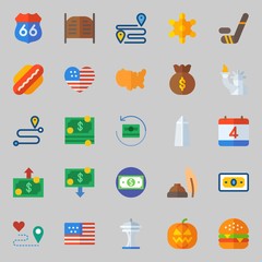 icons set about United States. with washington monument, hot dog, statue of liberty, hamburger, money bag and sheriff