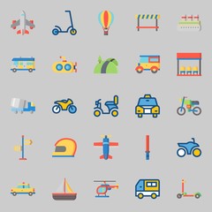 icons set about Transportation. with motorbike, sail boat, airplane, road block, truck and car