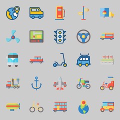 icons set about Transportation. with zeppelin, motorbike, crane, steering wheel, location and truck