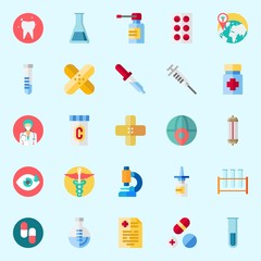 Icons set about Medical with worldwide, medicine, visibility, test tube, pills and flask