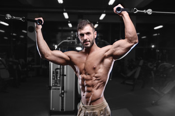 Fototapeta na wymiar sexy strong bodybuilder athletic men pumping up muscles with dumbbells
